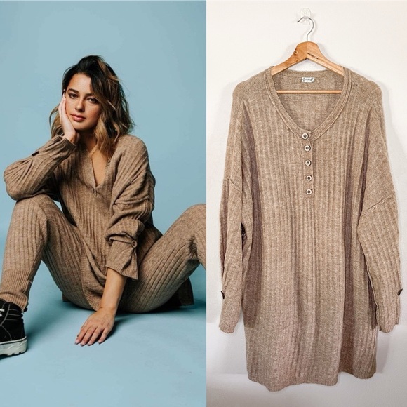 Free People Intimately Around The Clock Henley Pullover Sweater in Army Brown - Picture 1 of 13